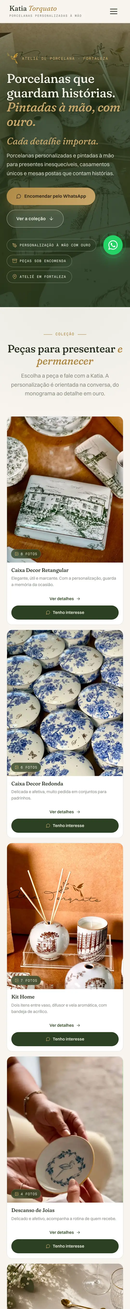 Tela de celular do site de Katia Torquato Porcelanas