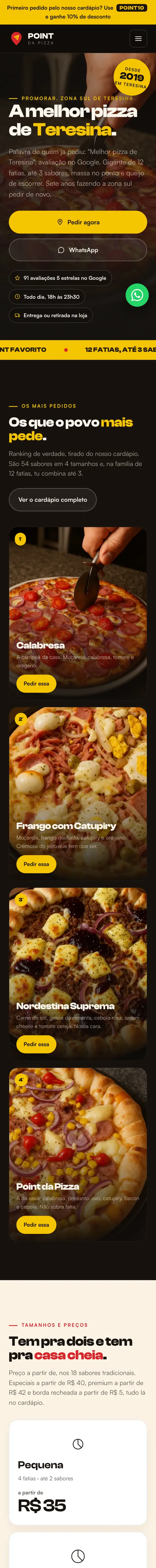 Tela de celular do site de Point da Pizza